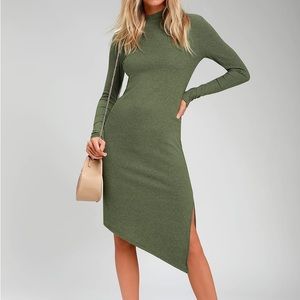 Lulus Olive Green Ribbed Long-Sleeve Midi Dress
